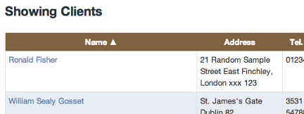 Showing search result for clients, returning clients name, address and telephone number.