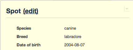 Section of a patient card. Showing a patient named Spot with a few details such as breed, date of birth and species shown.